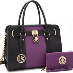Dasein Women Faux Leather Satchel Handbag with Matching Wallet/Gold Chain Strap